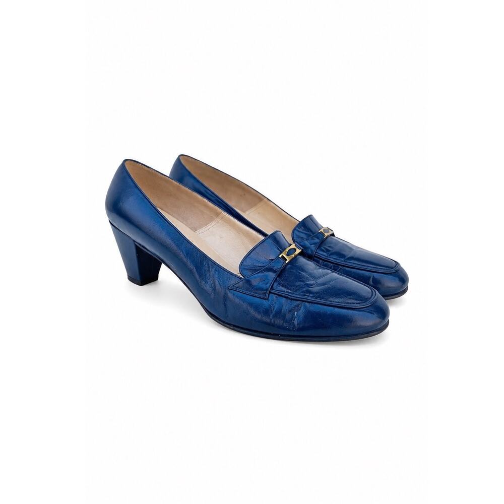 Vintage Saks Fifth Ave Cobalt Leather Loafer Pumps | Retro Italian Riviera Heels